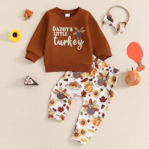 Lesimsam Thanksgiving Baby Girl Outfit Toddler Letter Print Long Sleeve Sweatshirt Turkey Pants Headband 3 Piece Outfits Set2