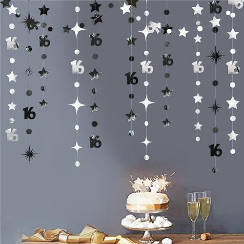 Image of Silver Black 16th Birthday Decorations Number 16 Circle Dot Twinkle Star Garland Banner Backdrop for Girls Boys Happy 16th Birthday Sweet Sixteen 16th Anniversary Cheers to 16 Years Party Decor