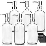 6 Pack Glass Soap Dispenser with Pump 17 oz Refillable Liquid Hand Soap Dispensers for Bathroom Kitchen Liquid Bottle with Labels for Dishwashing Soap Shampoo Body Wash Facial Cleanser Lotion,Clear