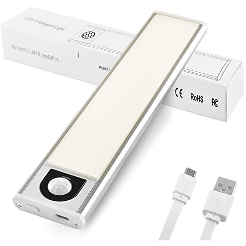 EETU Motion Sensor Under Cabinet Light, 31LED Ultra-Thin Cupboard Lights, Rechargeable Battery Operated Night Lighting with Magnets Stick on Wardrobe, Closet, Stairs (Warm Light, 1 Pack) Cover