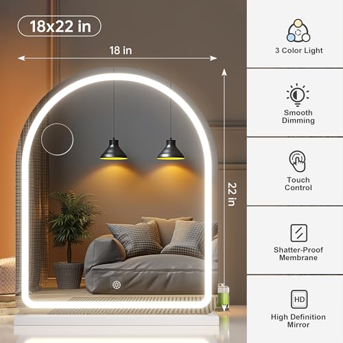 Hasipu Vanity Mirror with Lights and Bluetooth Speaker, 18\"× 22\" Arched LED Makeup Mirror, Lighted Desktop Makeup Mirror with Lights, Smart Touch Control Dimmable 3 Modes Light White