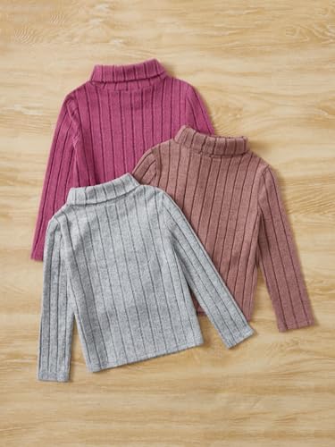 Floerns Girl's 3 Pcs Long Sleeve Solid Turtleneck Ribbed Knit Tee Shirt Hot Pink 3-4Y2