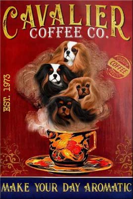 Cavalier King Charles Spaniel Dog Coffee Company Retro Metal Tin Sign Vintage Poster Paintings Art Wall Decor for Home Living Room Coffee Shop Kitchen Bar 12x16 Inch