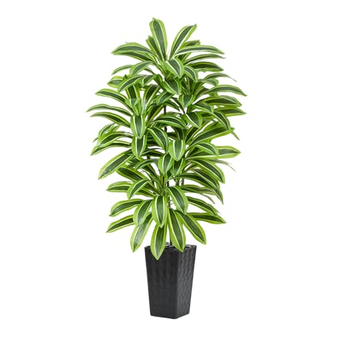 Image of Artificial Yellow Dracaena Tree Indoor, 5FT Tall Fake Floor Plants with Black Planter & Pebbles, Faux Silk Yucca Tree for Home Office Living Room Bedroom Farmhouse Modern Outdoor Topiary Tree
