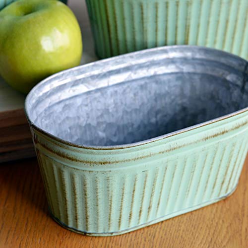 French Country Style Oblong Cache Pot Planters, Set Of 3, Distressed Pale Green Finish With Terracotta Undertones, Galvanized Zinc, Corrugated Details, 10.5, 9, And 7.5 Inches Long #TOP3