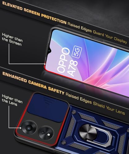 Image of WOW IMAGINE Tough Armor Bumper Mobile Back Case for Oppo A78 5G | Sliding Camera Shield Cover | Shock Proof 360 Protection | Hybrid PC + TPU | Ring Holder with Kickstand - Blue