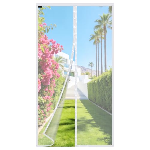 MYCARBON Rideau Anti Mouche et Insectes 90x210cm Moustiquaire Porte Aimanté Moustiquaire Porte Fenêtre Magnétique Maille Ultra Fine Fermeture Automatique, Sans Perçage, avec Ruban Adhésif, Blanc