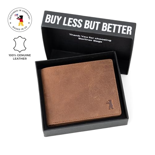 Image of BERLINER BAGS Slim Genuine Leather Mens Wallet Brooklyn, Gift Box - Brown | Front Pocket Bifold Wallet, 8 Card Slots, 2 Slip-in pockets, 2 Bill Compartments, RFID Blocking