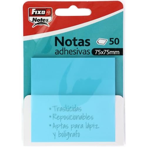 Fixo Notes | Notas Adhesivas Transparentes | 50 Notas de 75x75mm | De Plástico | Color Azul Pastel | Reusables e Impermeables | Para Amantes de la Papeleria Aesthetic | Ideal como Material Escolar