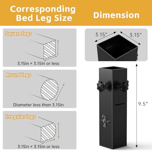 Fengone College Dorm Bed Risers 3.15" Diameter Carbon Steel Metal Bed Riser Square Tall Bed Riser for Wooden Bed Frame Table Adjustable Height 3.2" or 5.1", Supports up to 10,000 lbs