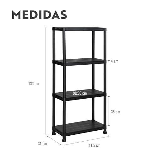 BRINDEK Estantería de Almacenaje 4 o 5 Baldas | Estructura Antideslizante Resistente y Ligera | Montaje sin Herramientas | Capacidad hasta 100 kg | para Hogar, Garaje, Trastero, Oficina (4 Baldas) - imagen 2