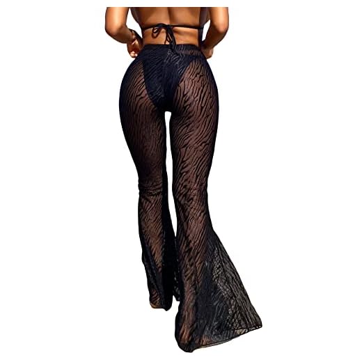 SOLY HUX Women's High Waist Sheer Mesh Swimsuit Cover up Pants See Through Wide Leg Bikini Beach Pants Swimwear Solid Black M