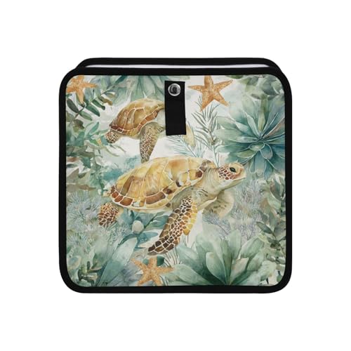 Image of Car Trash Can Organizer Bin with Adjustable Strap for Back Front Seat Console Waterproof Leakproof Collapsible Portable 8.66 Inch Sea Turtle Starfish Plants
