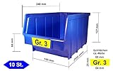 Kunststoff Stapelbox blau 10 Stück Stapelboxen blau Gr.3 (145x248x127 mm) Kunststoff PP Sichtlagerkästen Stapelkästen ohne Aufhängevorrichtung