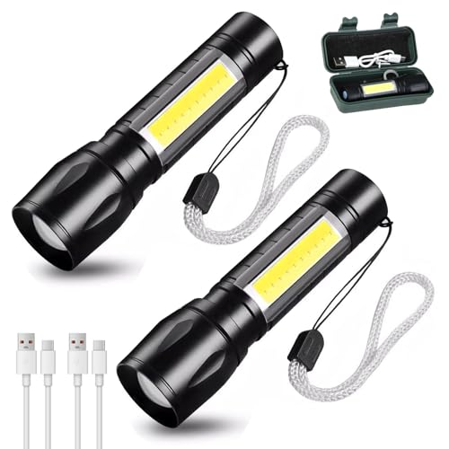 2Pcs LED Torch Rechargeable Super Bright Adjustable Focus Flashlight 3 Lighting Modes Waterproof Long Battery Life Pocket Size Torch for Power Cuts for Emergency Hiking Camping Outdoor Walking