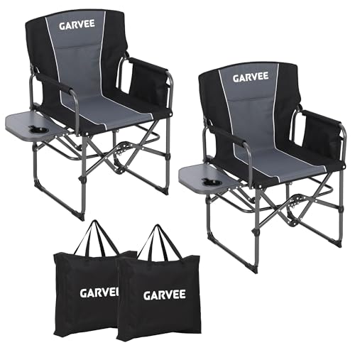 GarveeLife Oversized Directors Camping Chair 2PCS Portable Folding Chair for Adults Support 400 lbs Heavy Duty Lawn Chair with Side Table for Camping Sports Picnic Beach FishingBlack