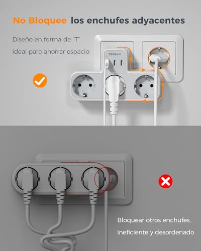 Miniatura 5 de Tessan 6 En 1 Ladron Enchufe Plano Con 2 Usb C, Triple Enchufe Multiple Con 3 Usb, 3 Tomas Cargador Multiple Para Phone, Regleta Pared Para Casa, Oficina, 3600w, Gris