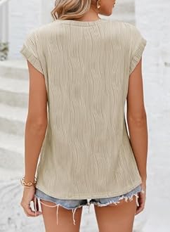 EVALESS Womens Short Sleeve Textured Tops Crewneck Knit Solid Loose Casual Basic T Shirts Tee Blouses