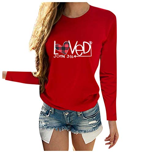 Women s Classic-Fit 100% Cotton Long-Sleeve Crewneck T-Shirt Plus Size Clothes Work Blouses for Women Long Sleeve Lavender Love Pattern tee(B3-Red,XL)