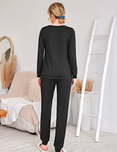 Ekouaer Womens Jogger Pajama Sets Long Sleeve Sleepwear Lounge Set Black XS - image 4
