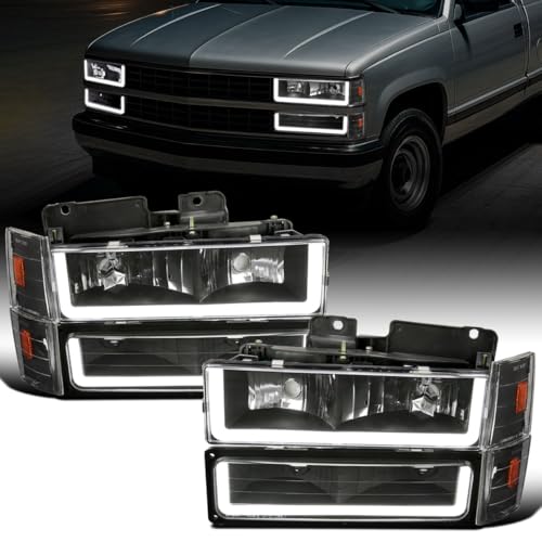 Ronnin - Fits 1988-1993 Chevy GMC C10 C/K 1500 2500 3500 Suburban Blazer Tahoe Silverado Sierra Upgraded LED Running Tube Lights Headlights + Bumper Lights + Corner Lamps Assembly Pair | Black