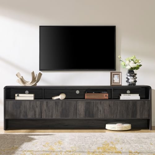 Image of AMERLIFE 70 inch Modern TV Stand for TVs Up to 80 inch, Wood TV Console with Curved Profile Design & 2 Storage Cabinets, Media Console Entertainment Center for Living Room, Black