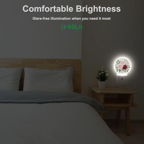 Image of EKOBLA Vintage Flower Night Light, Pink Red Roses Bouquet Retro Floral Night Lights Plug Into Wall with Dusk to Dawn Sensor for Bedroom, Bathroom and Living Room