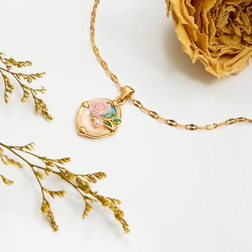 Image of 18k Gold Plated Vintage Dainty Pink Gemstone Bow Pendant Necklace Women Court Style Oval Cut Zircon Necklace