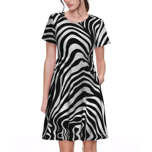 ESASAM Einzigartiges Damenkleid mit Zebra-Print, kurzärmelig, schmale Passform, A-Linien-Version, hautfreundlich und bequem, Schwarz , XL