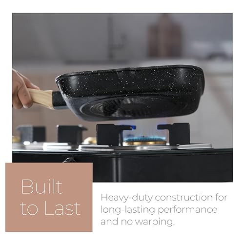 Image of Lifelong Diecast Aluminium Square Grill Pan 25cm with Wooden Spatula & Glass Lid | 1.2L, 1.56kg |Even Heat Distribution, Toxin & Teflon Free, Non-Stick & Durable | Perfect for Fish,Omelettes & Veggies