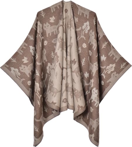 Women's Winter Fall Warm Scarf Shawl Cat Print Scarve Jacquard Split Cape Women Shawl Wrap Poncho Sweater Soft Pashmina Cape