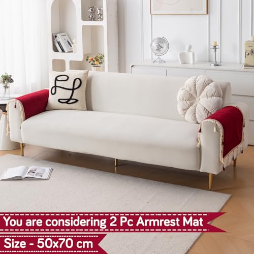 Image of HOKIPO 'Serenity Tassel' Chenille Sofa Arm Cover with Tassels - 1 Pair | Crimson Ruby (IN-893-MRN*2)