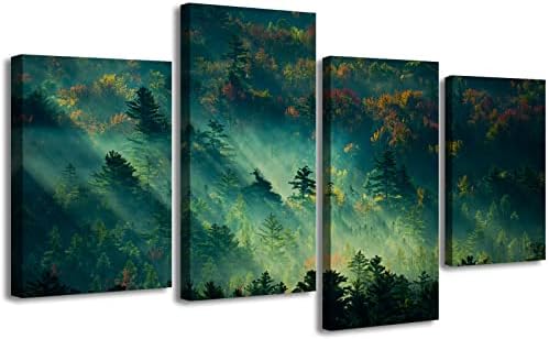 Canvas Wall Art for Living Room - Large Nature Fresh Fog Forest Trees Landscape Painting Canvas Print - Mountain Wall Decorations for Bedroom - Modern Home Green Wall Decor Framed Ready to Hang