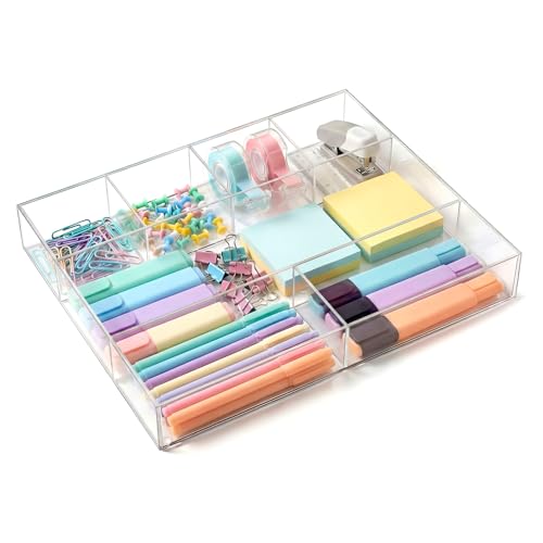 Large Acrylic Desk Deep Drawer Organizer with Adjustable Dividers, Anti-skip