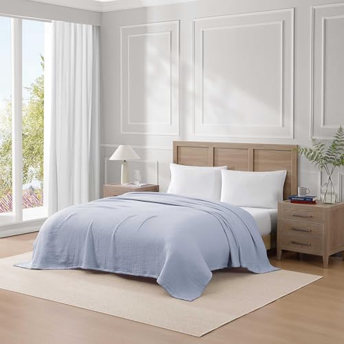 Image of Tommy Hilfiger - Twin Cotton Blanket, Woven Running Stitched Bedding, Medium Weight Soft Blanket, Anti-Pilling & Fade Resistant, Ideal for Layering, Oeko-TEX Certified (Blue)