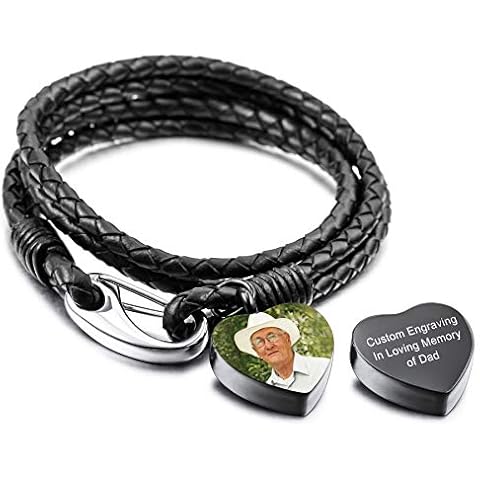 MeMeDIY Personalized Urn Bracelet Engraving Photo Name Custom for Women Girl Men Genuine Leather Chain Stainless Steel Pendant Dog Cat Pet Human Ashes Holder Memorial Cremation Keepsake Funnel Kit Cover