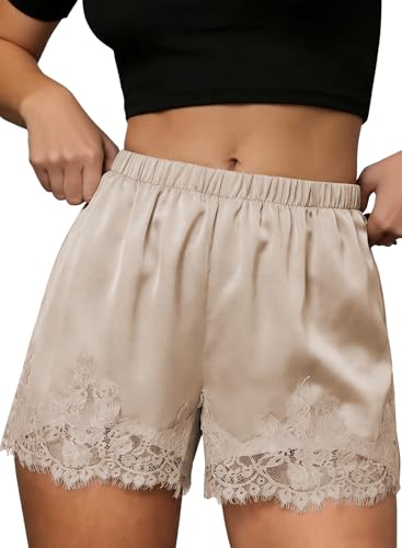 EVALESS Women Lace Satin Silk Shorts Casual Elastic Waist Pajama Bottoms Cute Y2K Micro Shorts 2026 Summer Fashion Oatmeal X-Large