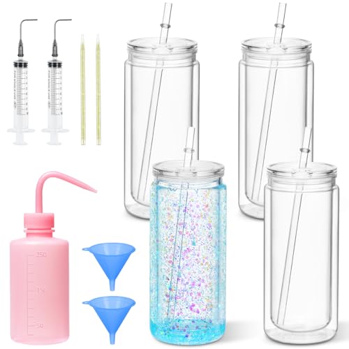 Maucircol 20 Oz Acrylic Snowglobe Tumbler Including Diy Kit, 4 Pack Pre-Drilled Double Wall Plastic Snowglobe Cup for Glitter Snow Globe Diy