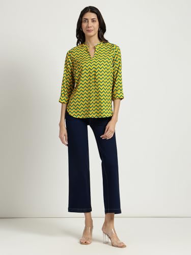 Image of FableStreet Women Shirt Work & Casual | Relaxed Fit Mandarin V-Neck Three-Quarter Sleeves Solid Pattern | Breathable Woven Fabric for Office & Everyday Wear