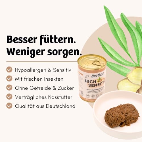 BugBell 400g Nassfutter Sensitive, Nassfutter Schonkost, Nur fünf Komponenten, Hypoallergen, Purinarm, für Allergikerhunde, Insekten Hundefutter bei Ausschlussdiäten