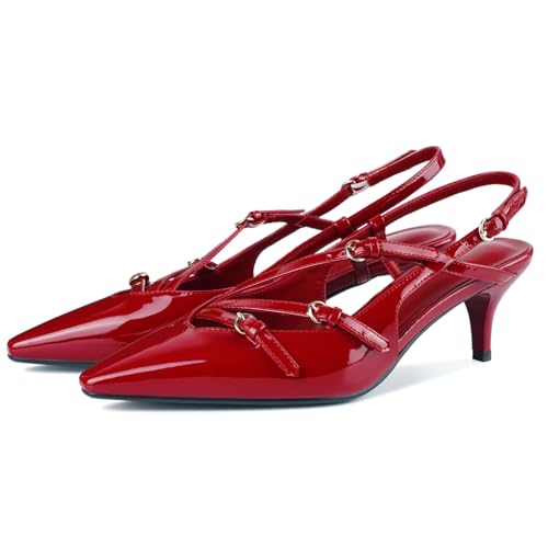 Image of CORNMOOD Stiletto Slingback Heels Pumps for Women | Glossy Patent Leather Kitten heel, Chic Dress Shoes for Modern Women, Ideal Wedding Evening Party and Work Office Outfit
