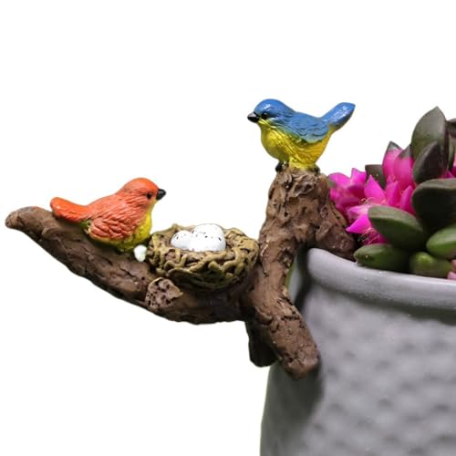 HyzaPhix Auf Ästen sitzende Vögel, Blumentopf-Figuren, Mini-Vögel aus Kunstharz, Hängedekoration für Aquarien, Ornament für Bonsai, Pflanzgefäß, Terrarium, Gartendekoration (Vögel)
