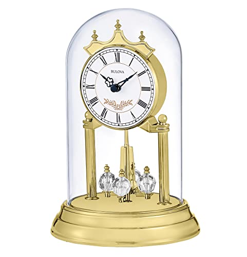 Bulova B8821 Heather Anniversary Clock | 9" Glass Dome Design | Rotating Crystal Pendulum | Westminster Chime | Engraving Plate