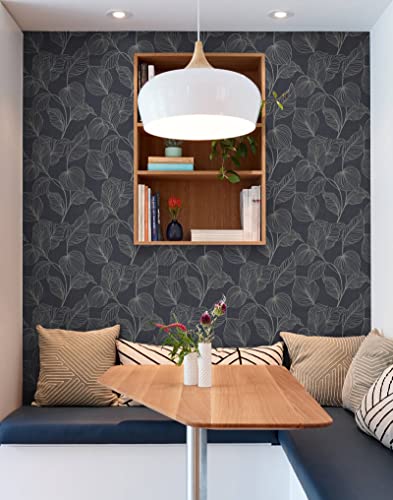 Gleom 15.6"X118" Dark Peel And Stick Wallpaper Leaves Wall Paper Leaf Wallpaper Removable Contact Paper Self Adhesive Wallpaper Diy Wallpaper For Livingroom Decor(Beige Line And Blue Black Background) #TOP7