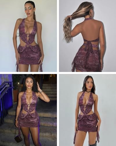 Image of Women's Sexy Open Back Floral Tropical Vacation Dress Crop Wrap Mesh Ruffle Mini Dress Beach Dresses