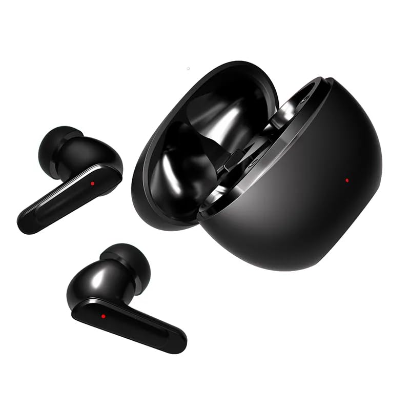 HY T02 Earbuds removed from case, next to open charging case.