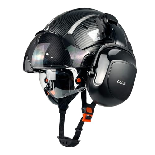 HaoYiShang Carbon Fiber Industrial Safety Helmet With Double Goggles Visor Ear defenders Muffs Work Hight ABS Safety Hard Hats Vented hardhat Industrial hard hat Construction Head Protection