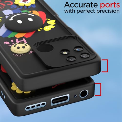 Image of Pikkme Back Cover for Realme Narzo 50A | Soft Silicone| Cute Rainbow Smile & 3D Cartoon Flower Design | Shockproof Raised Camera Protection Bumper Case (Black)