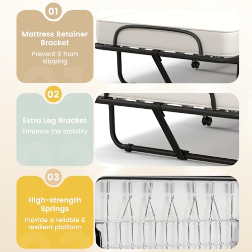 Giantex Folding Bed with Mattress for Adults, Cot Size Rollaway Beds for Guest, Portable Foldable Bed w/Memory Foam Mattress & Metal Frame, Space Saving Fold Up Bed for Easy Storage, 75"x 31"