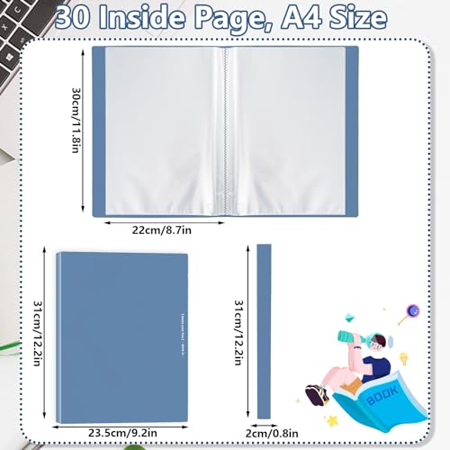 Whaline Fichário azul gradiente de livro de apresentação A4 com mangas de plástico, 30 bolsos, pasta